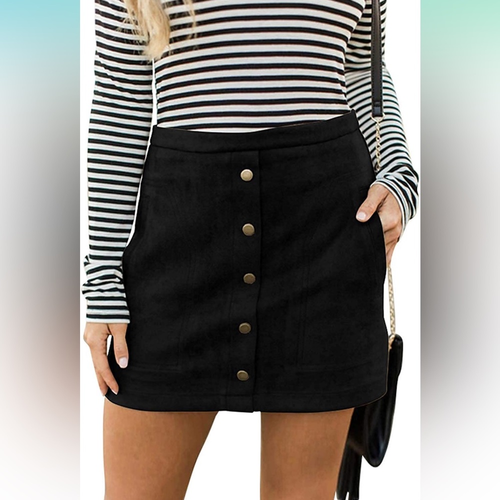 Button Front Faux Suede High Waist A-line Mini Skirt with Pocket